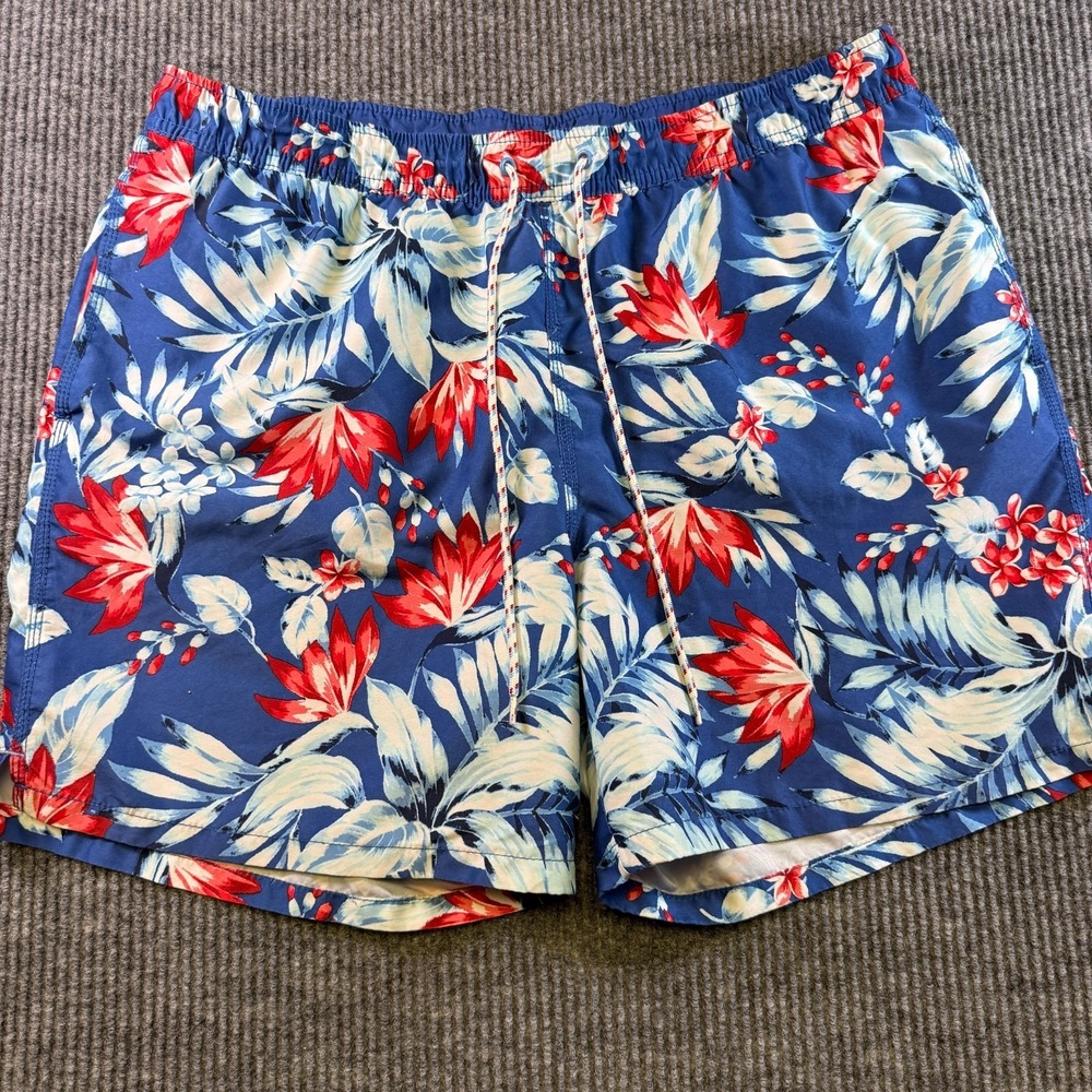 Goodfellow &‎ Co Mens XL Floral Swim Shorts Blue Red White Hawaiian Lined Trunks